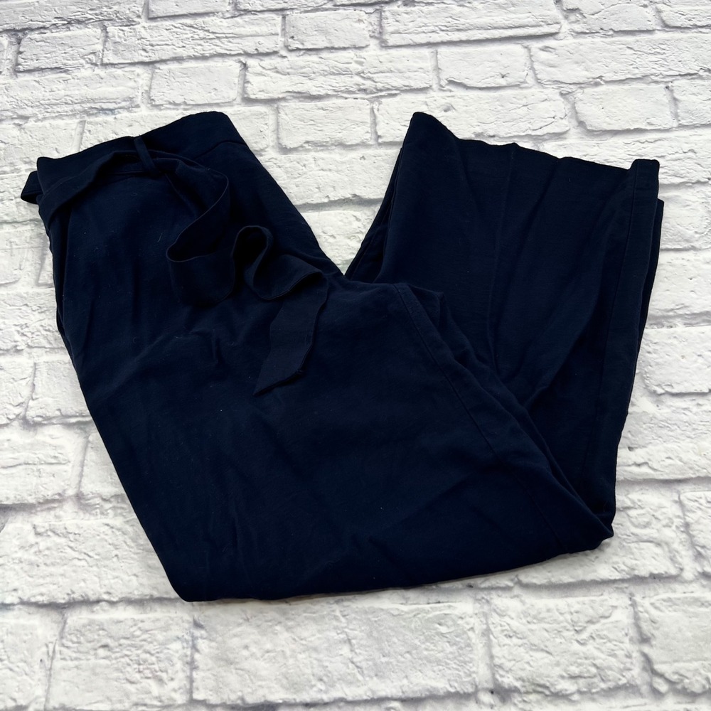 Loft Women Navy Blue Wide Leg Tie Waist Dress Pant Size M High Rise Elastic Back